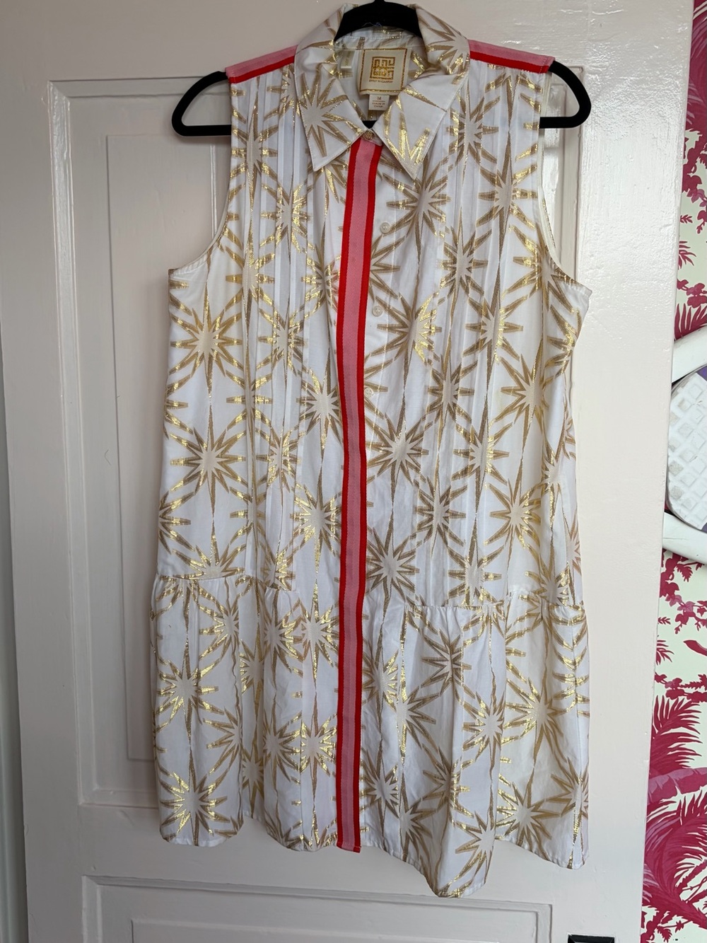 Sleeveless White Dress with Gold Starburst Print and Red Trim by Miu Miu